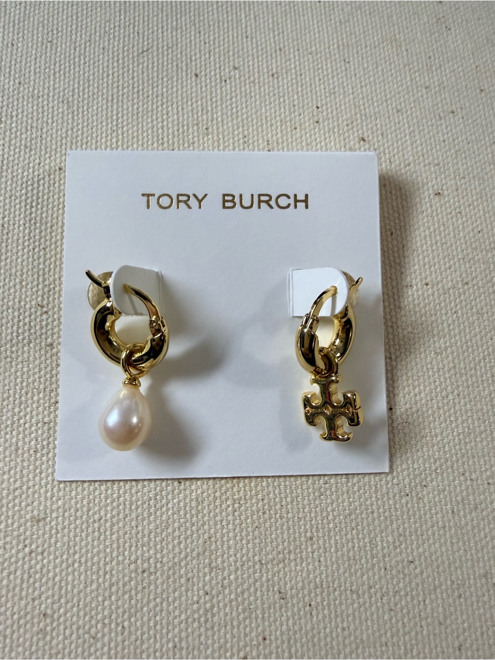 Tory Burch Asymmetrical Gold Hoop Earrings with Pearl Drop